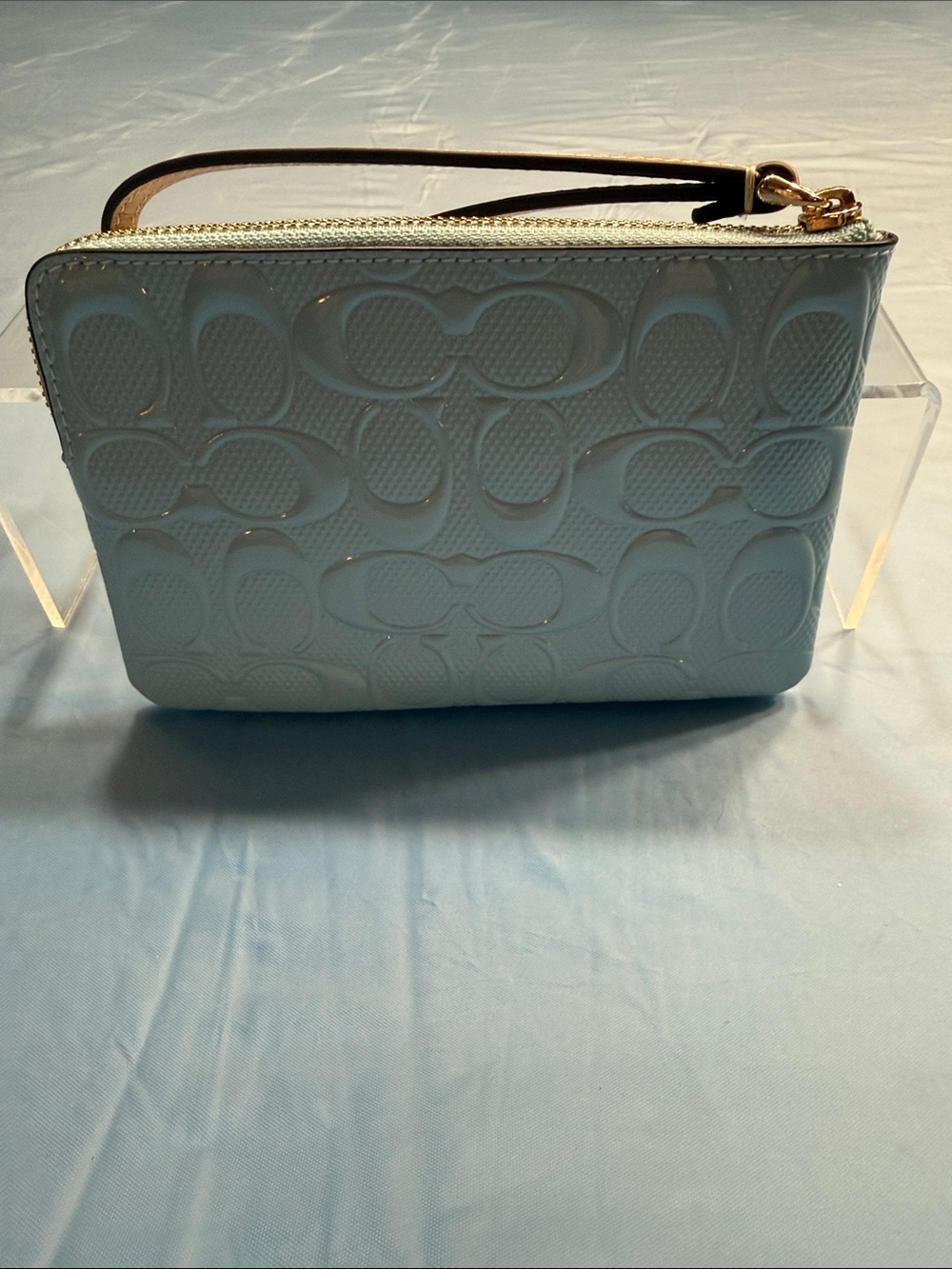 COACH Light Blue Embossed Signature Wristlet with Tan Strap - Picture 4 of 7